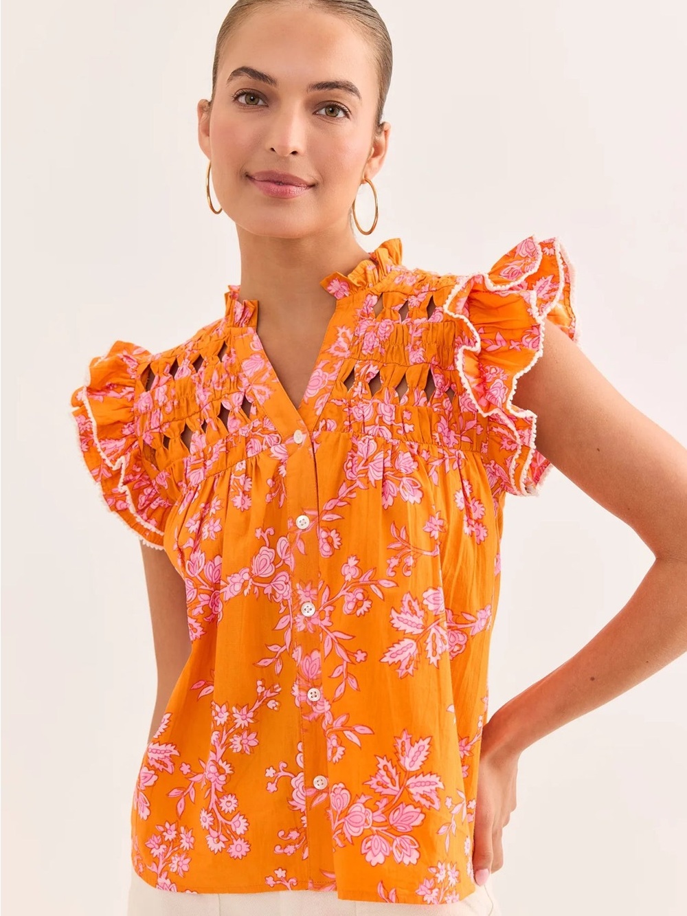 NWT THML Orange Floral Flutter Sleeve Blouse Top - size extra small